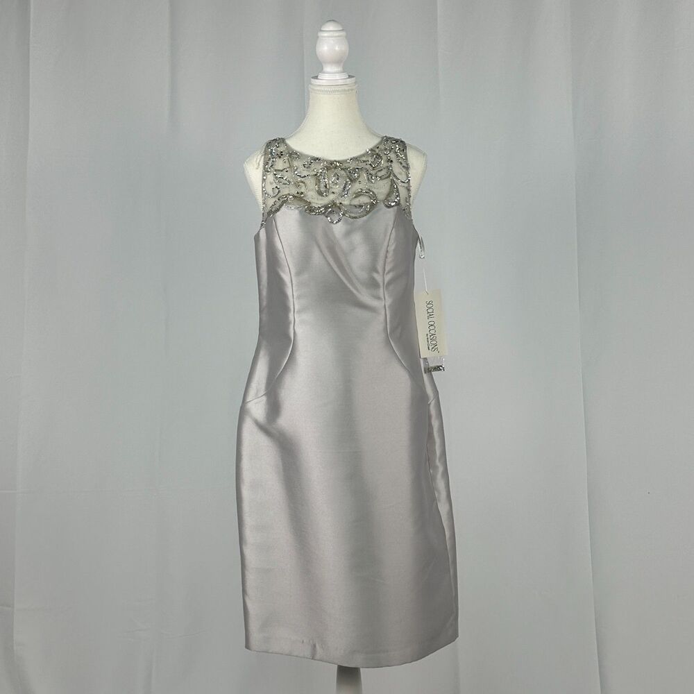 Social Occasions By Mon Cheri 21806 Silver Gray Fitted Dress Beaded New Size 12